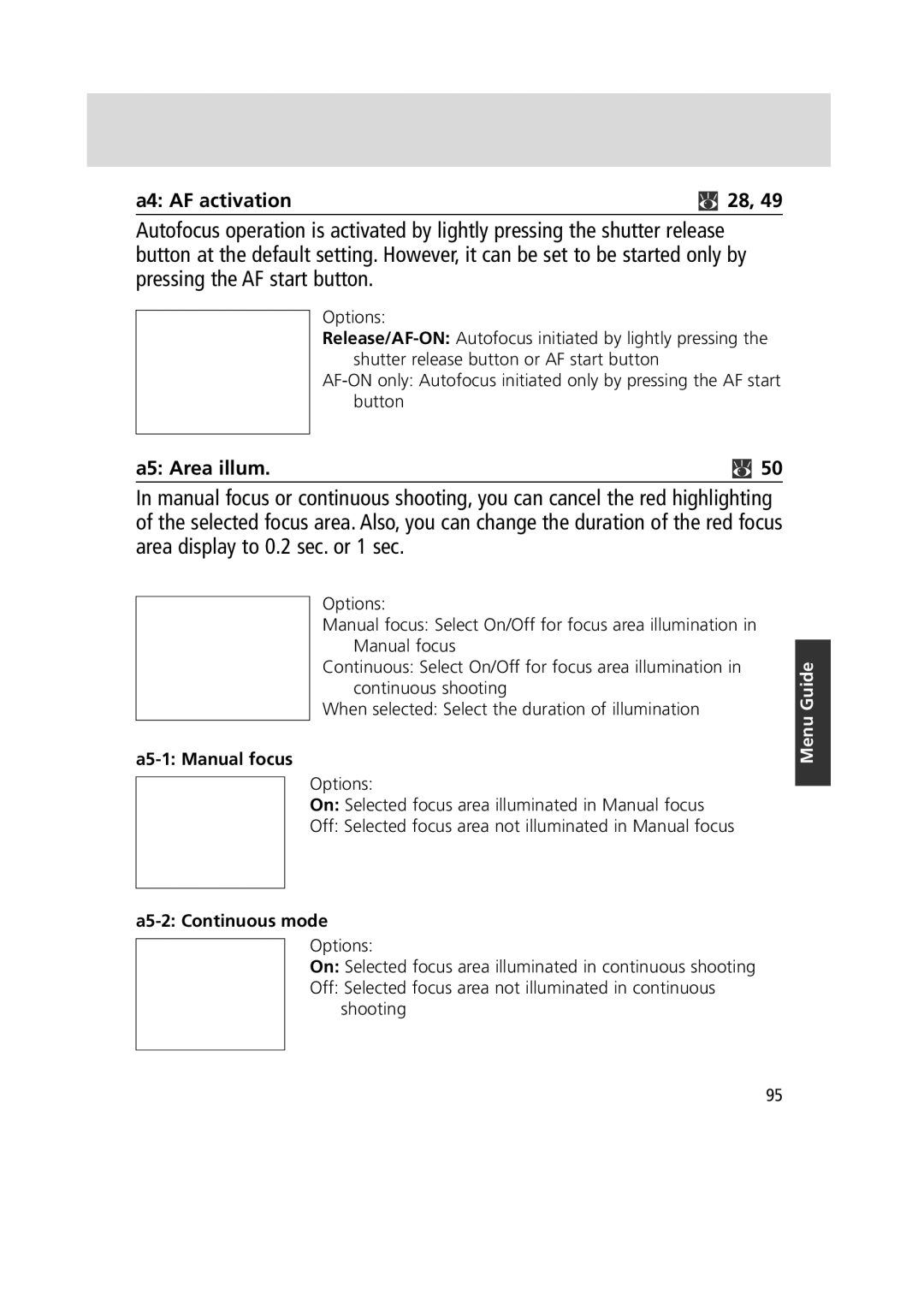 Nikon F6 instruction manual A4 AF activation, A5 Area illum, A5-1 Manual focus, A5-2 Continuous mode 