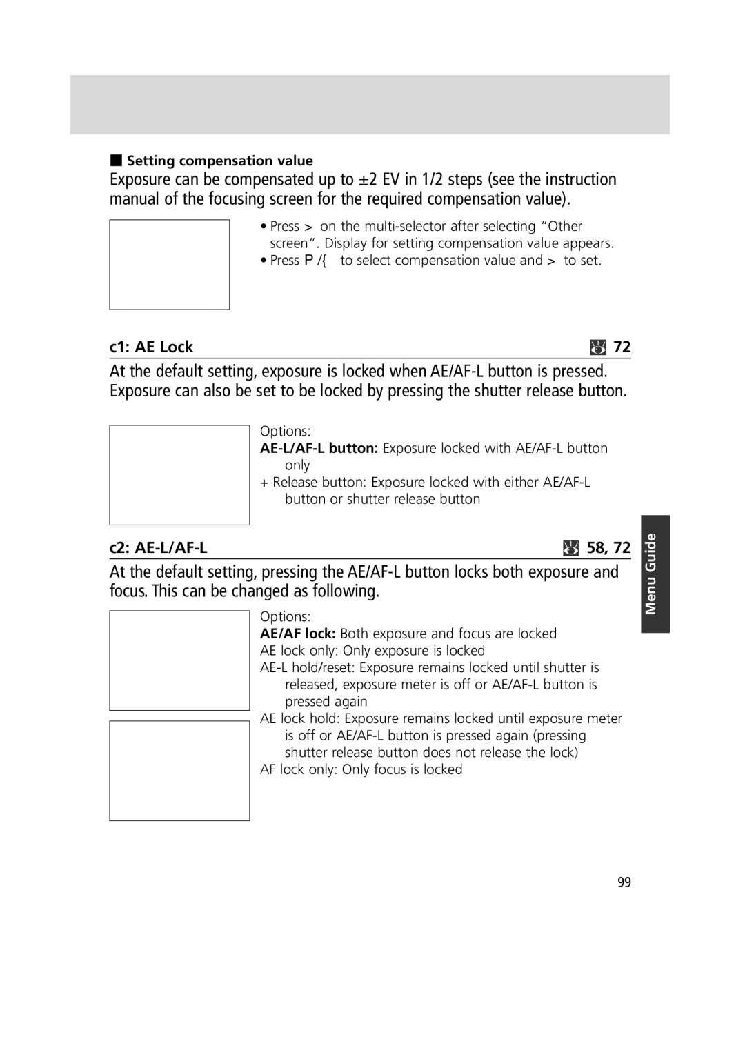 Nikon F6 C1 AE Lock, C2 AE-L/AF-L, Setting compensation value, Press P/ to select compensation value and to set 