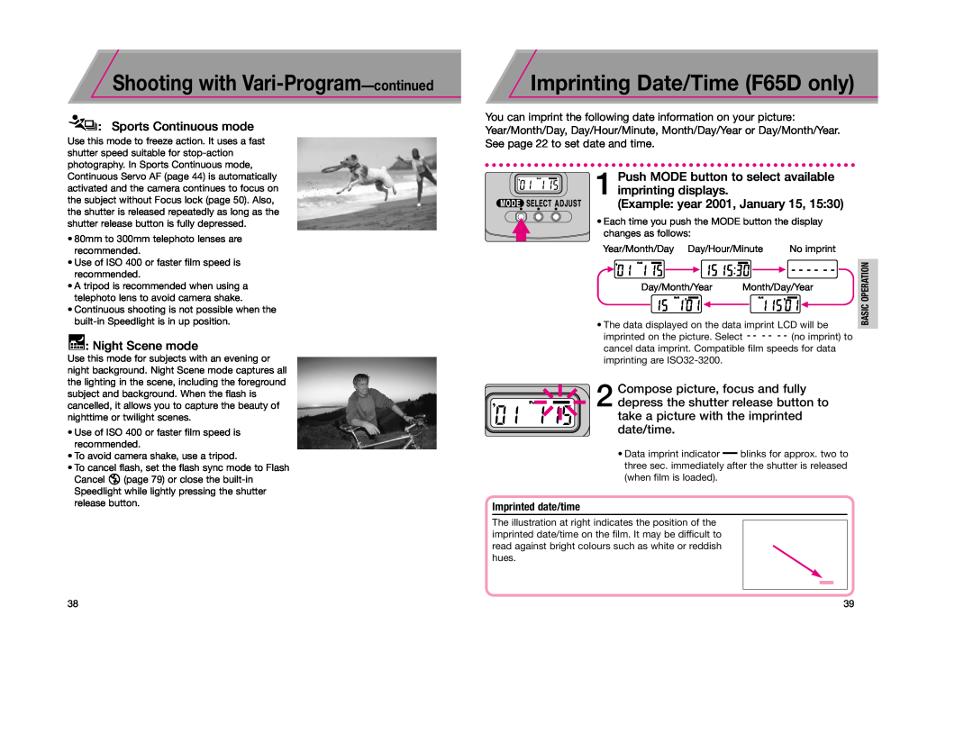 Nikon instruction manual Imprinting Date/Time F65D only, Shooting with Vari-Program-continued, g Sports Continuous mode 