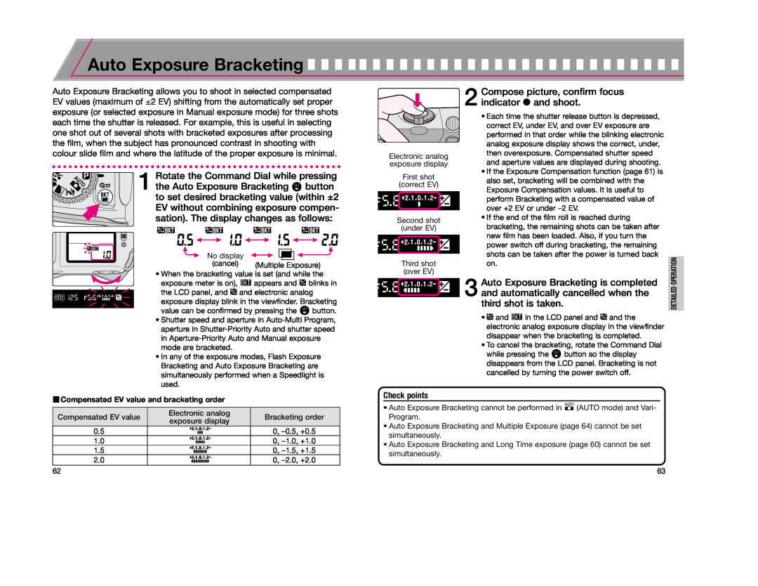 Nikon F65D instruction manual Auto Exposure Bracketing, Compensated EV value and bracketing order 