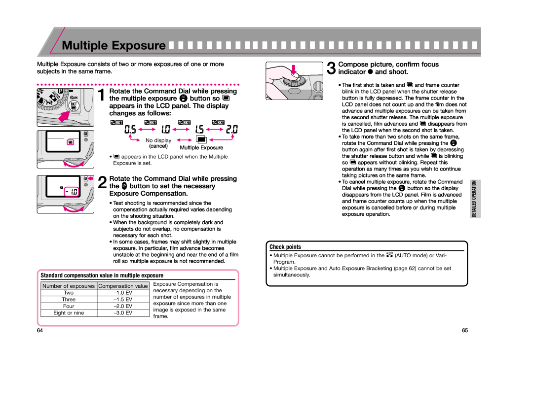 Nikon F65D instruction manual Multiple Exposure, 1.0 EV, Three, 1.5 EV, 2.0 EV, 3.0 EV 