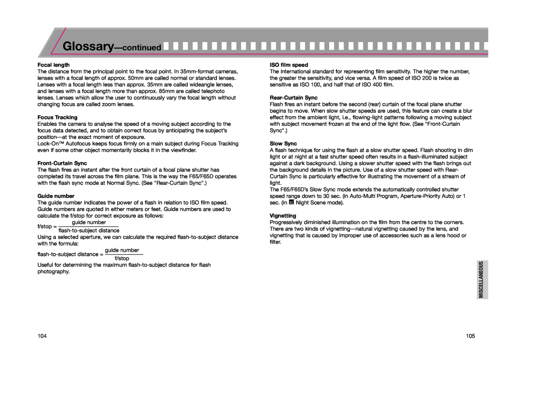 Nikon F65D instruction manual Glossary-continued 