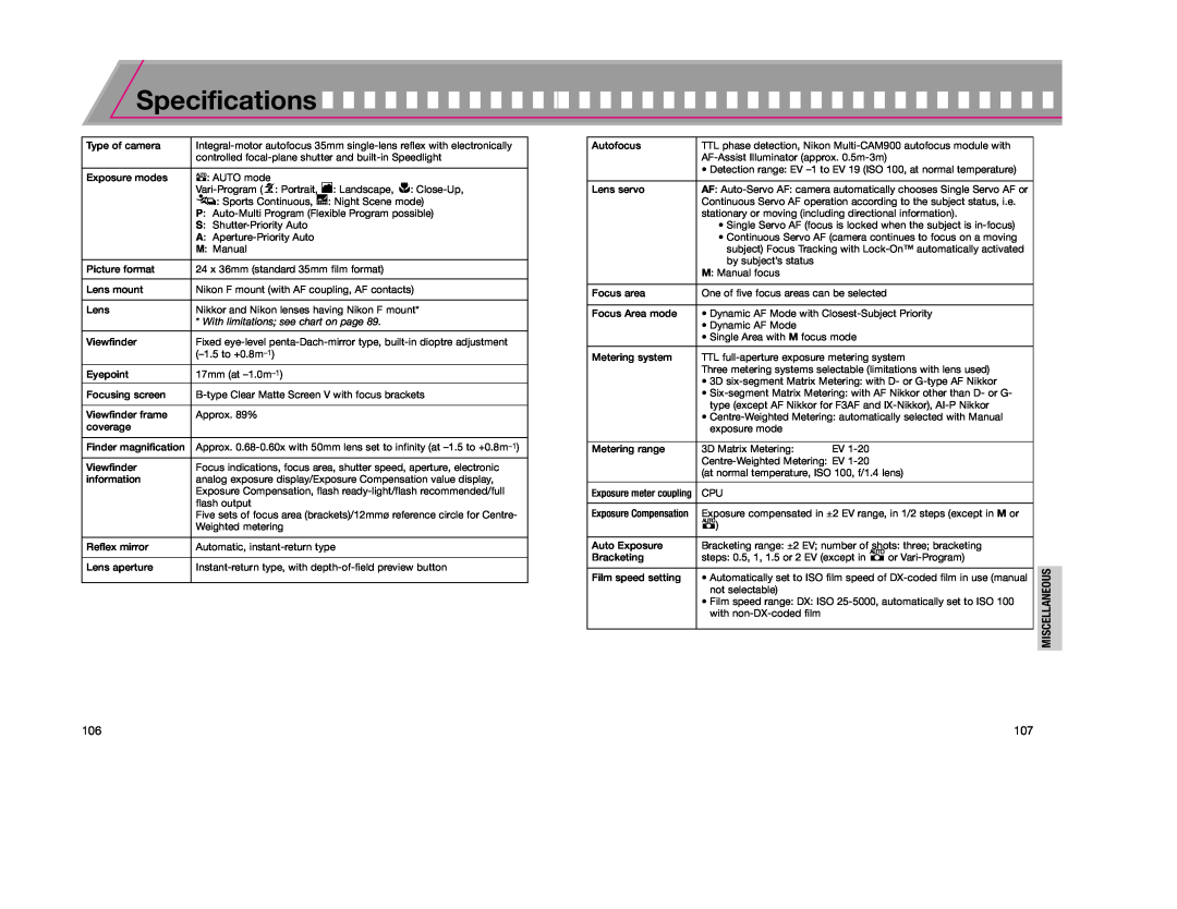 Nikon F65D instruction manual Specifications, With limitations see chart on page 