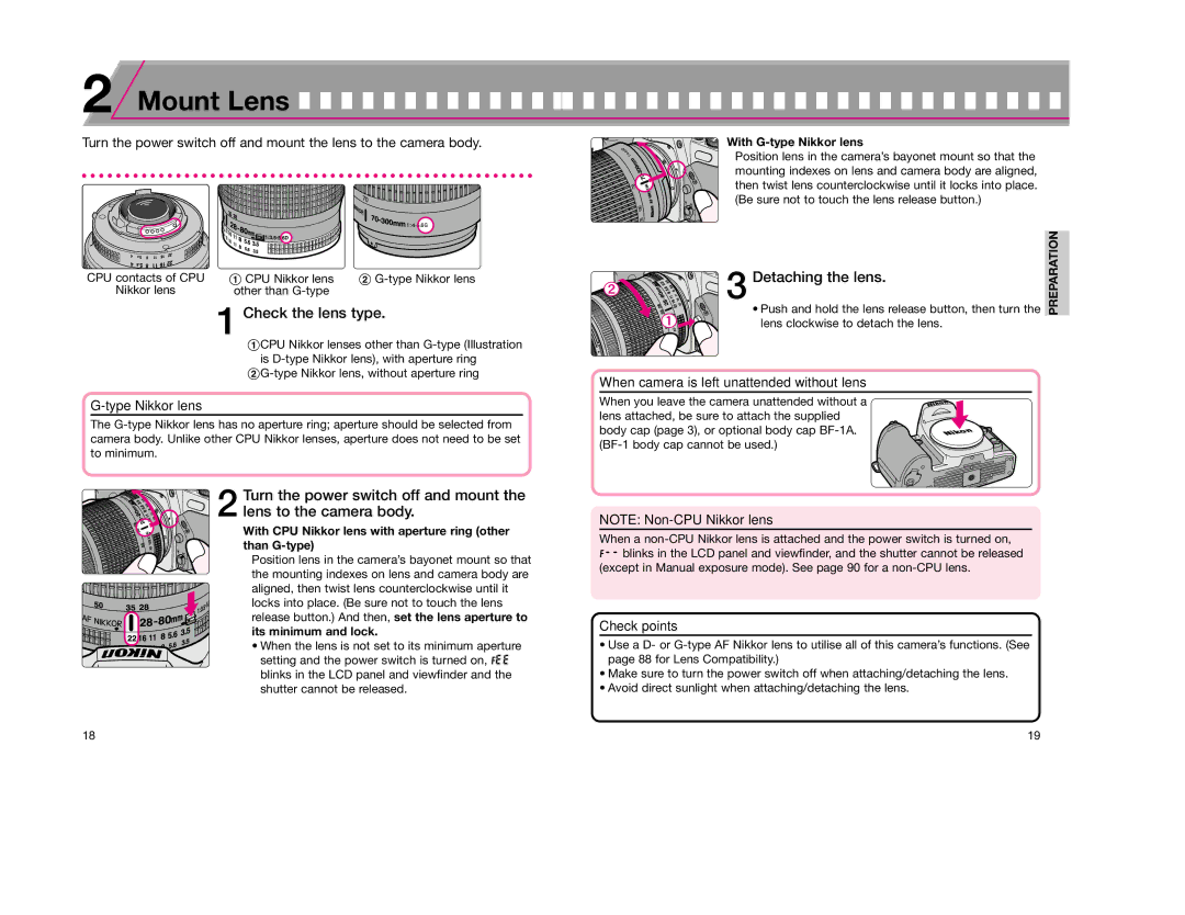 Nikon F65D instruction manual Check the lens type, Detaching the lens, With G-type Nikkor lens 