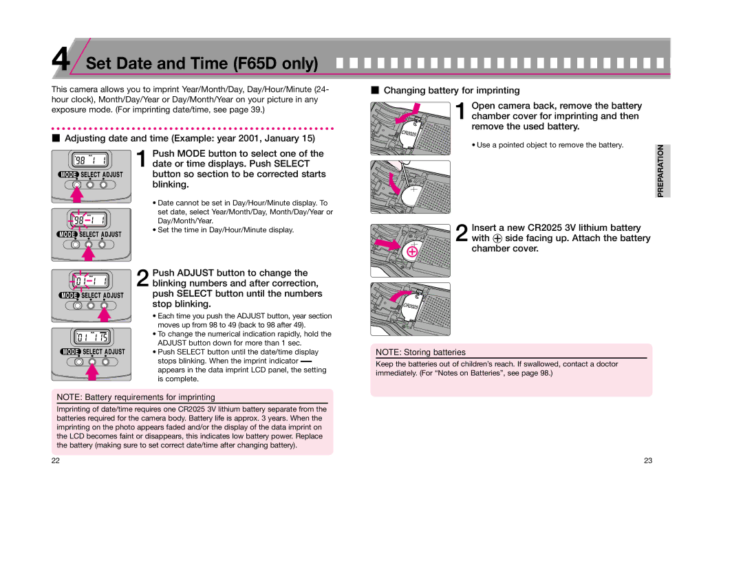 Nikon instruction manual Set Date and Time F65D only, Use a pointed object to remove the battery 