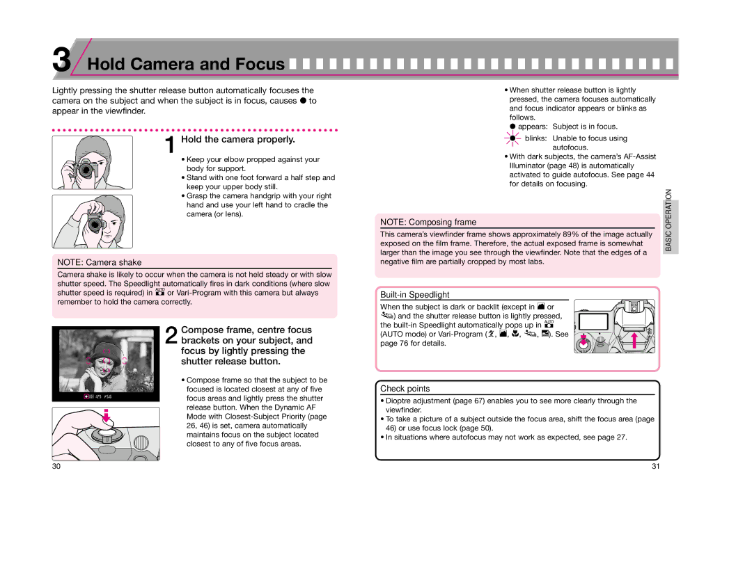 Nikon F65D instruction manual Hold Camera and Focus, Hold the camera properly, Built-in Speedlight 