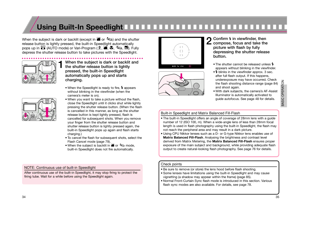 Nikon F65D instruction manual Using Built-In Speedlight, Built-in Speedlight and Matrix Balanced Fill-Flash 