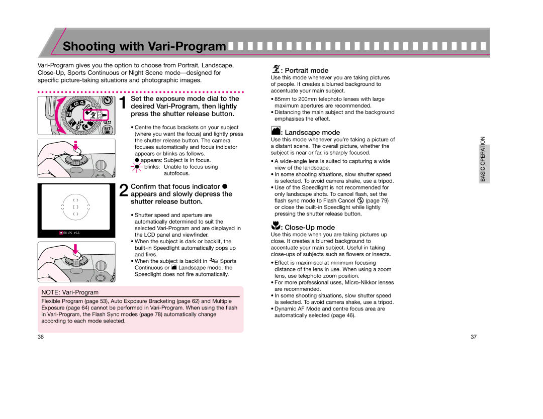 Nikon F65D instruction manual Shooting with Vari-Program, Portrait mode, Landscape mode, Close-Up mode 