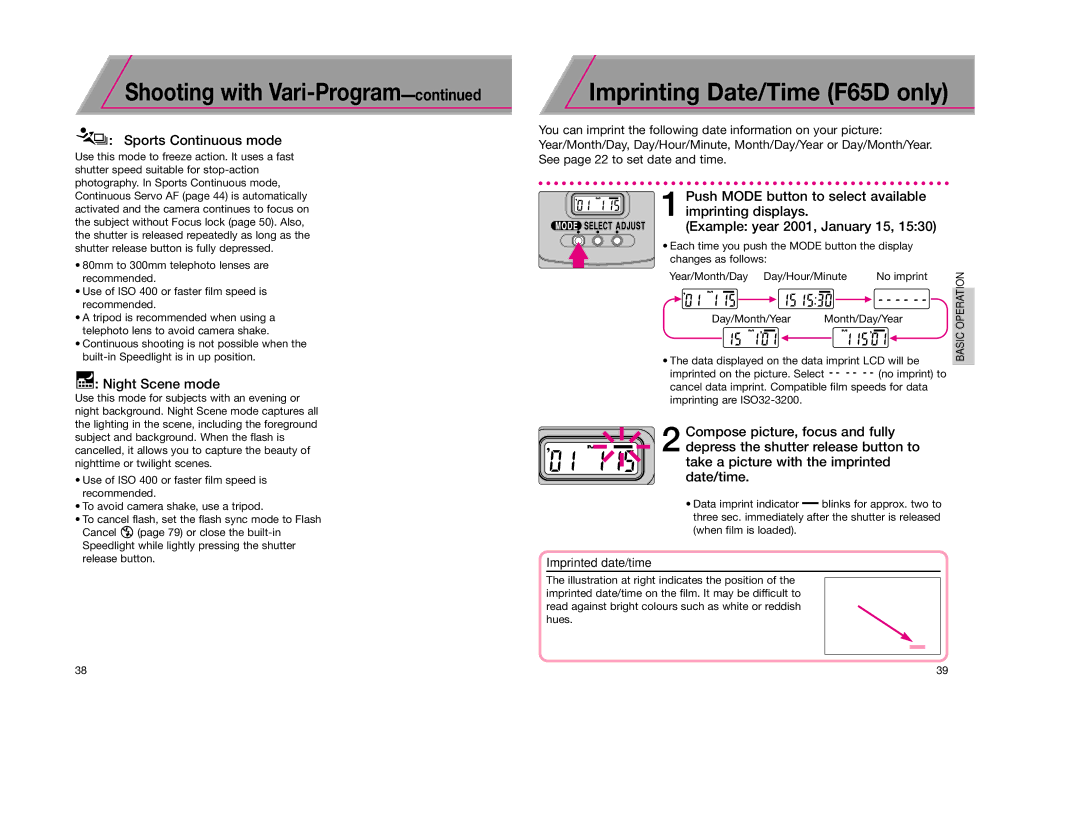 Nikon F65D instruction manual Sports Continuous mode, Night Scene mode, Imprinted date/time 