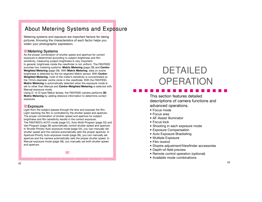 Nikon F65D instruction manual Detailed Operation 