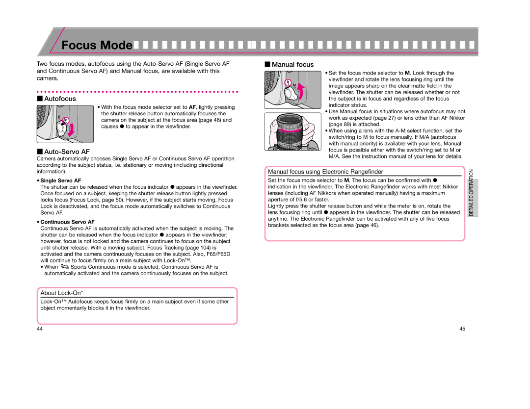 Nikon F65D instruction manual Auto-Servo AF, Manual focus using Electronic Rangefinder, About Lock-On 