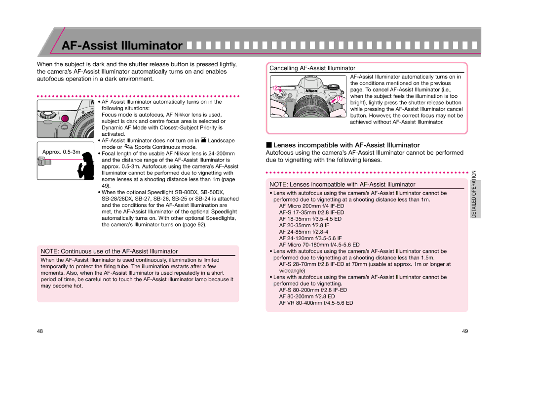 Nikon F65D instruction manual Lenses incompatible with AF-Assist Illuminator, Cancelling AF-Assist Illuminator 