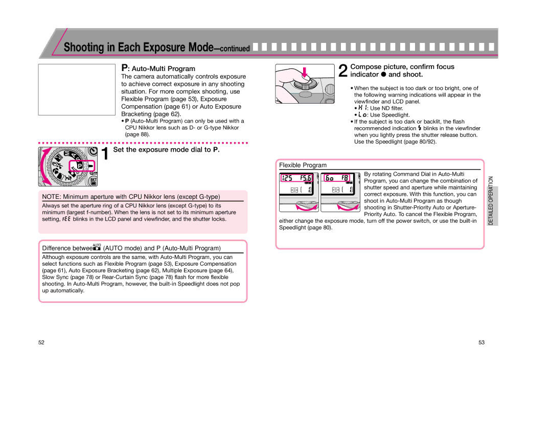 Nikon F65D Set the exposure mode dial to P, Difference between a Auto mode and P Auto-Multi Program, Flexible Program 