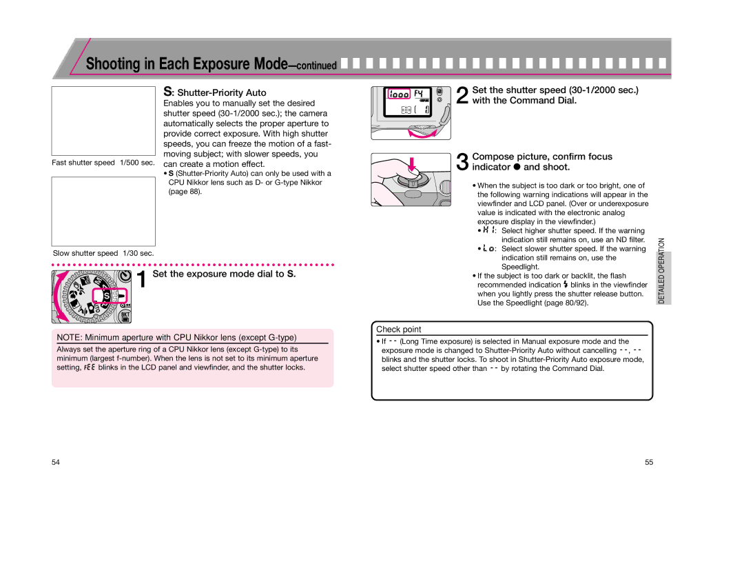 Nikon F65D instruction manual Shutter-Priority Auto, Set the exposure mode dial to S 