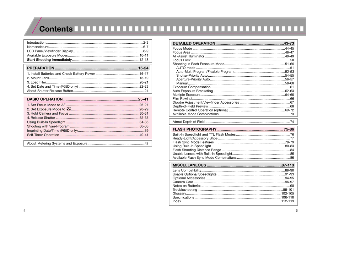 Nikon F65D instruction manual Contents 