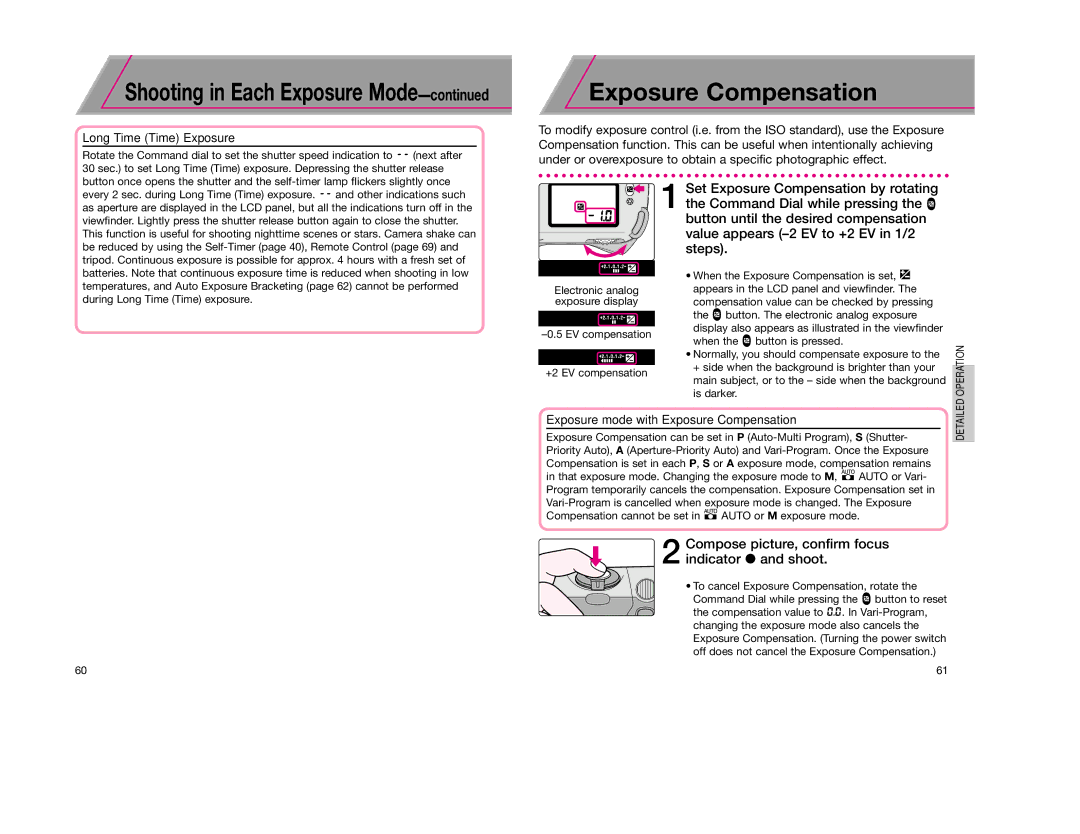 Nikon F65D instruction manual Long Time Time Exposure, Exposure mode with Exposure Compensation 