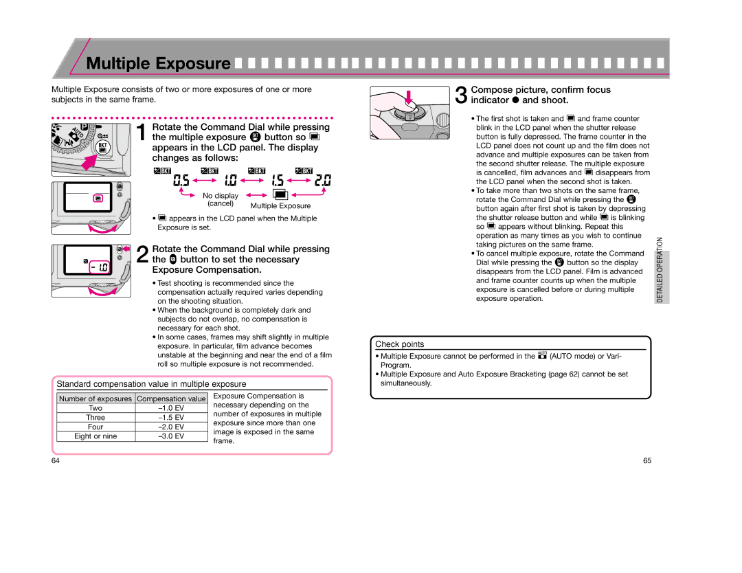 Nikon F65D instruction manual Multiple Exposure, Standard compensation value in multiple exposure 