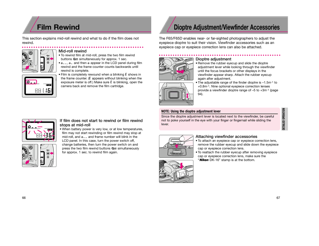 Nikon F65D instruction manual Film Rewind, Mid-roll rewind, Dioptre adjustment, Attaching viewfinder accessories 