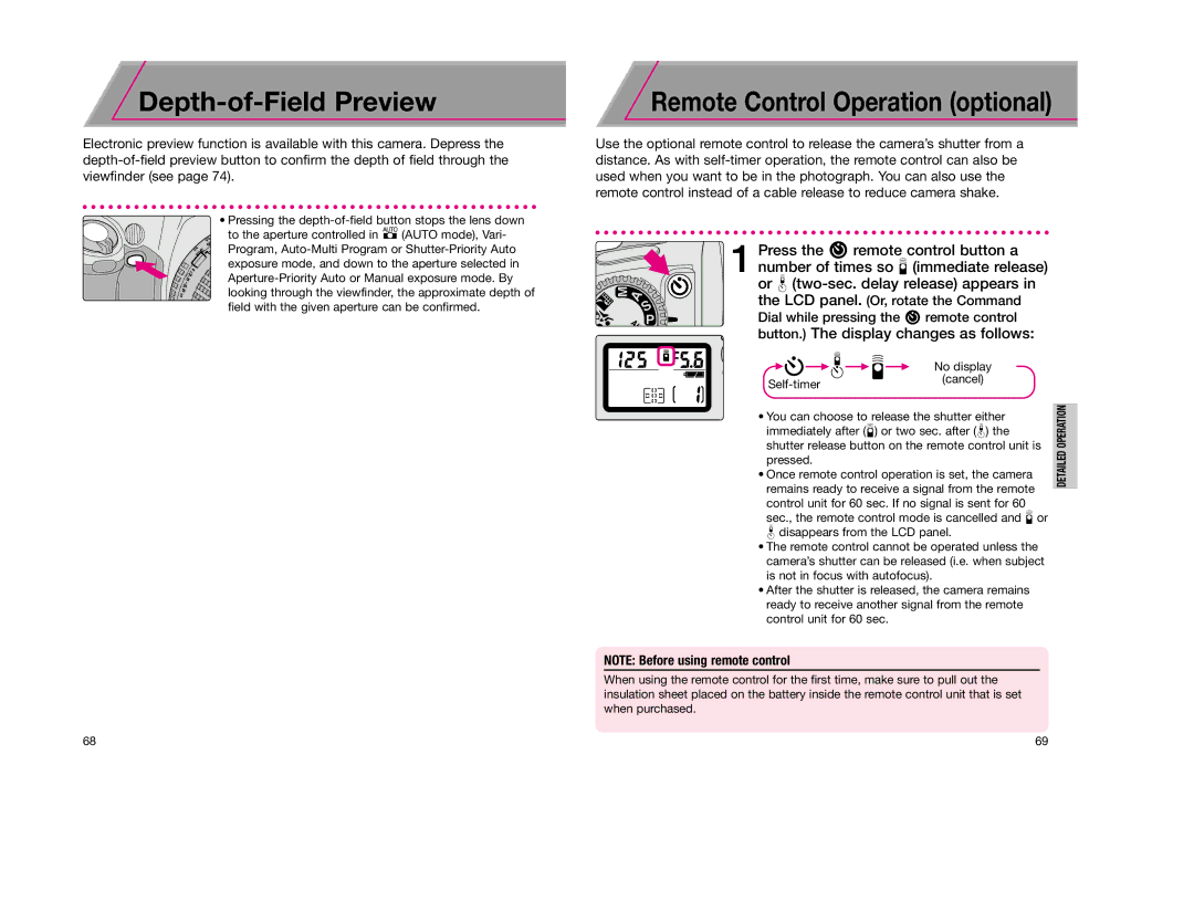 Nikon F65D instruction manual Depth-of-Field Preview, Remote Control Operation optional 