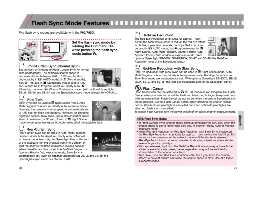 Nikon F65D instruction manual Flash Sync Mode Features 