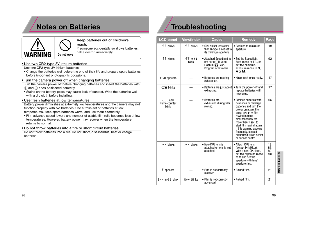 Nikon F65D instruction manual Troubleshooting, Use two CR2-type 3V lithium batteries 