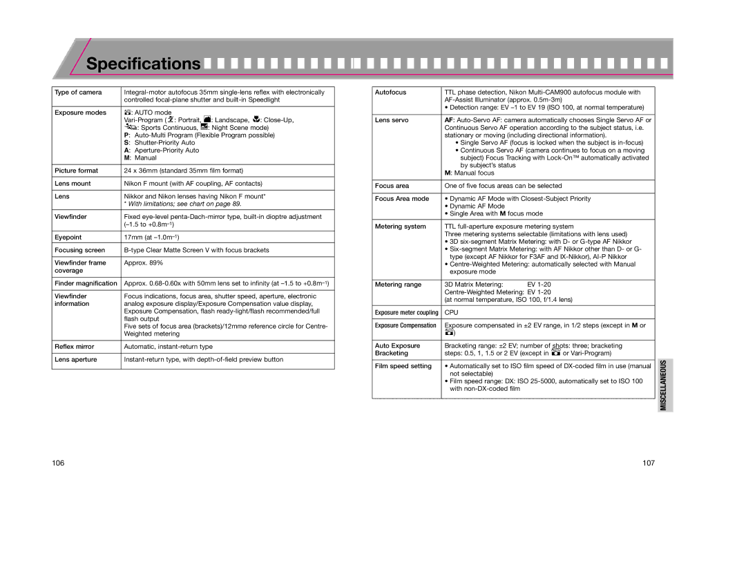 Nikon F65D instruction manual Specifications 