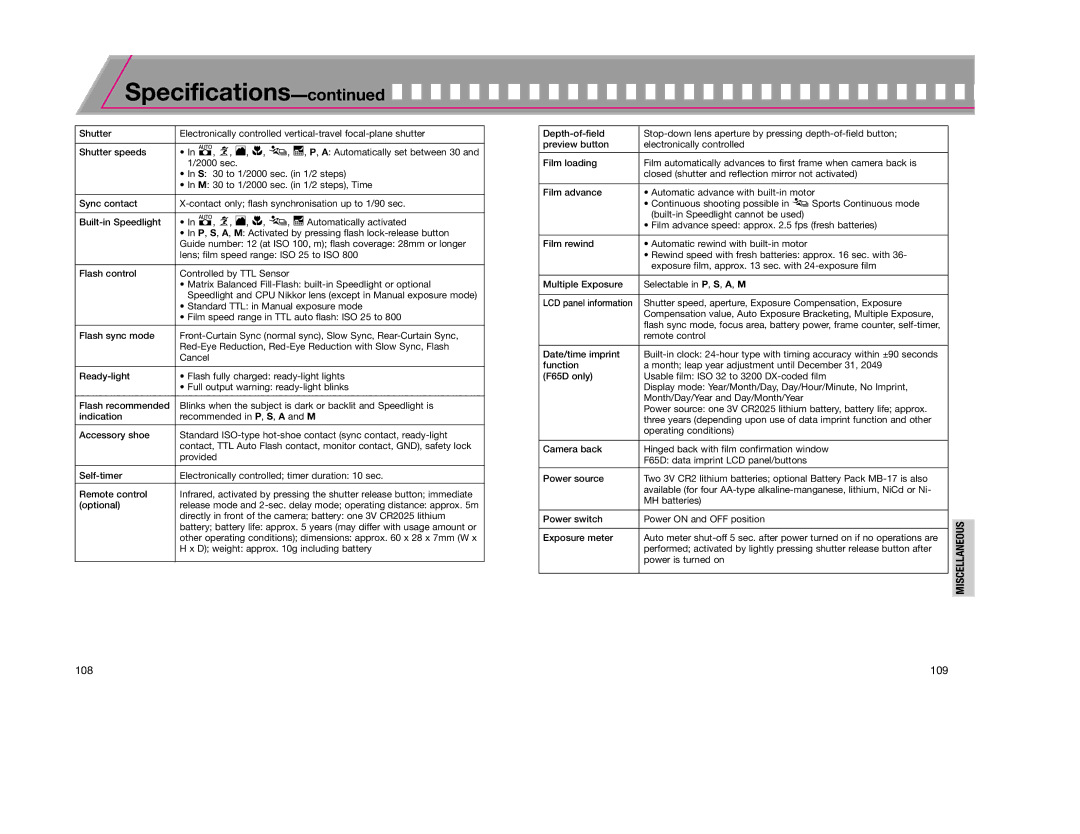 Nikon F65D instruction manual Specifications 