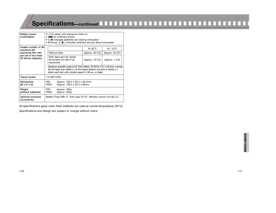 Nikon F65D instruction manual Specifications 