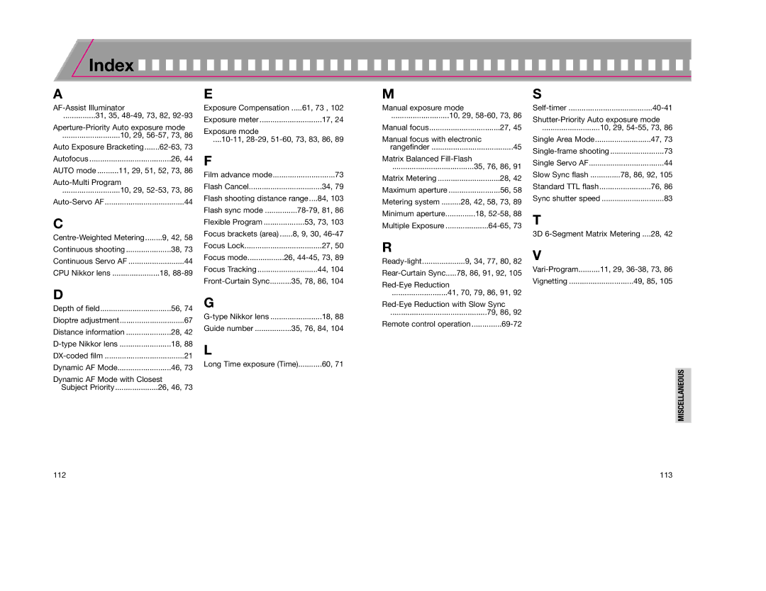 Nikon F65D instruction manual Index 