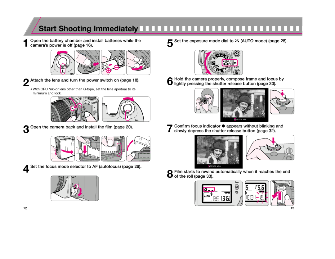 Nikon F65D instruction manual Start Shooting Immediately 