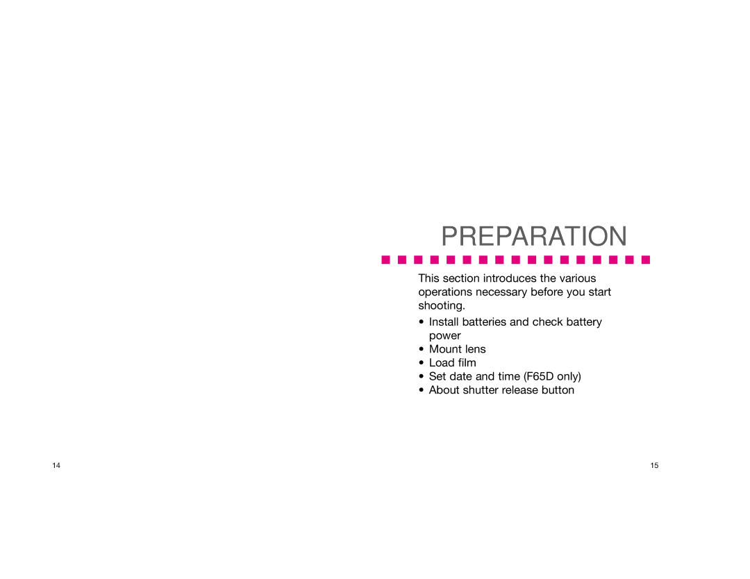 Nikon F65D instruction manual Preparation 