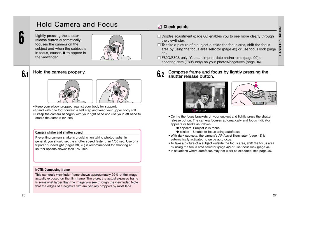 Nikon F80D instruction manual Hold Camera and Focus, Hold the camera properly, Camera shake and shutter speed 