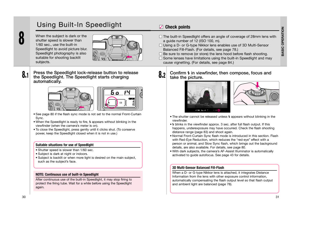 Nikon F80D instruction manual Using Built-In Speedlight, Press the Speedlight lock-release button to release, Automatically 