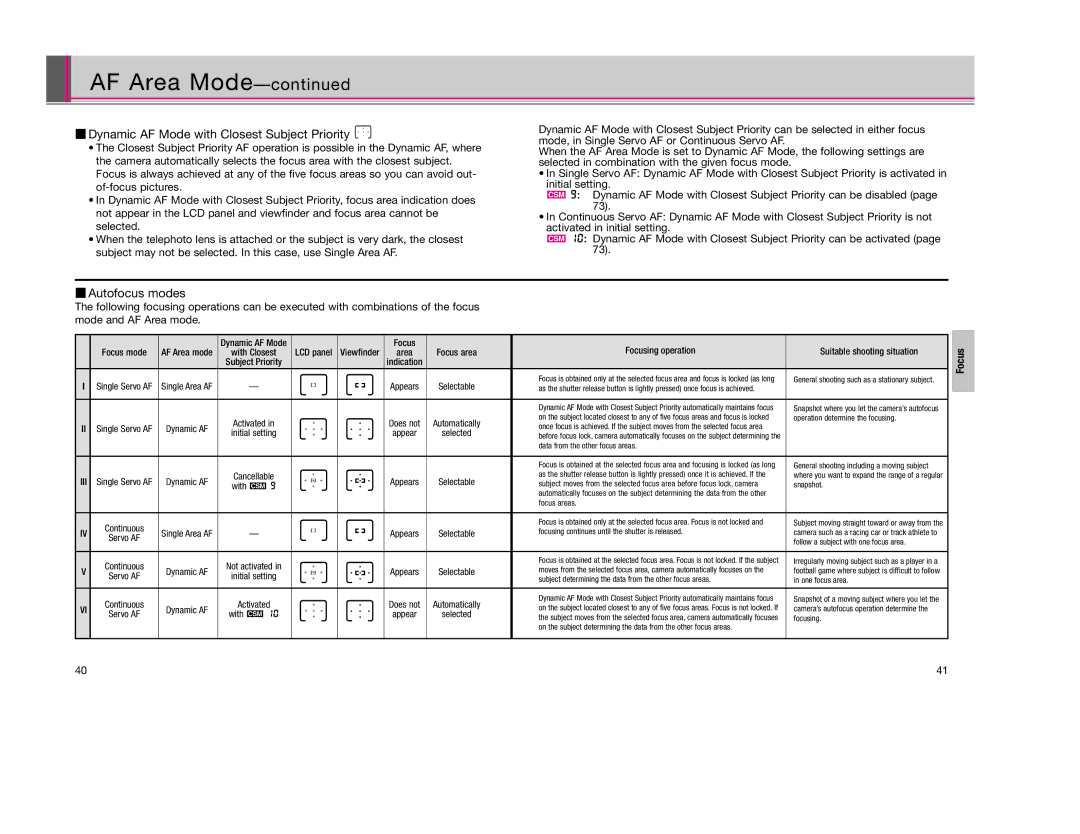 Nikon F80D instruction manual Dynamic AF Mode with Closest Subject Priority J, Autofocus modes, Focus 