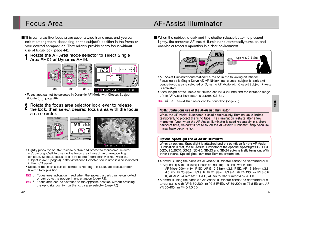 Nikon F80D instruction manual Focus Area, Optional Speedlight and AF-Assist Illuminator 