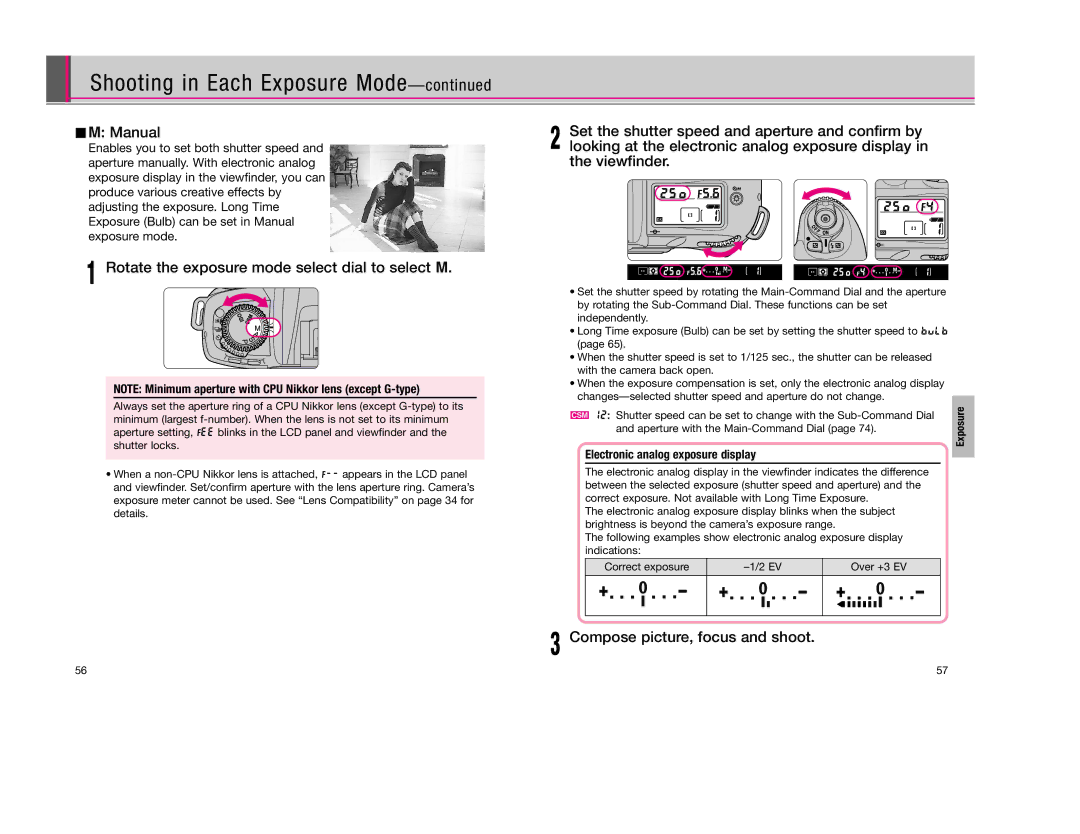 Nikon F80D instruction manual ¢ Manual, Electronic analog exposure display 