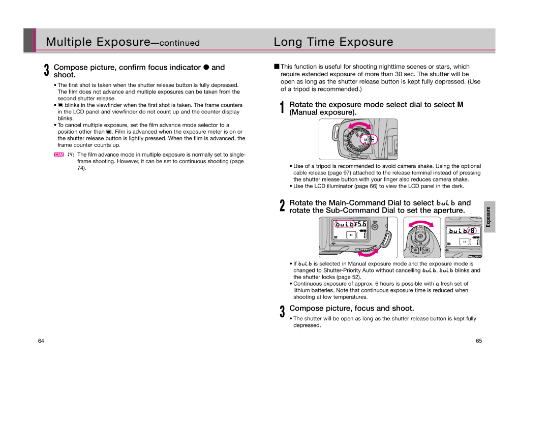 Nikon F80D instruction manual Multiple Exposure Long Time Exposure, Composeshoot. picture, confirm focus indicator 