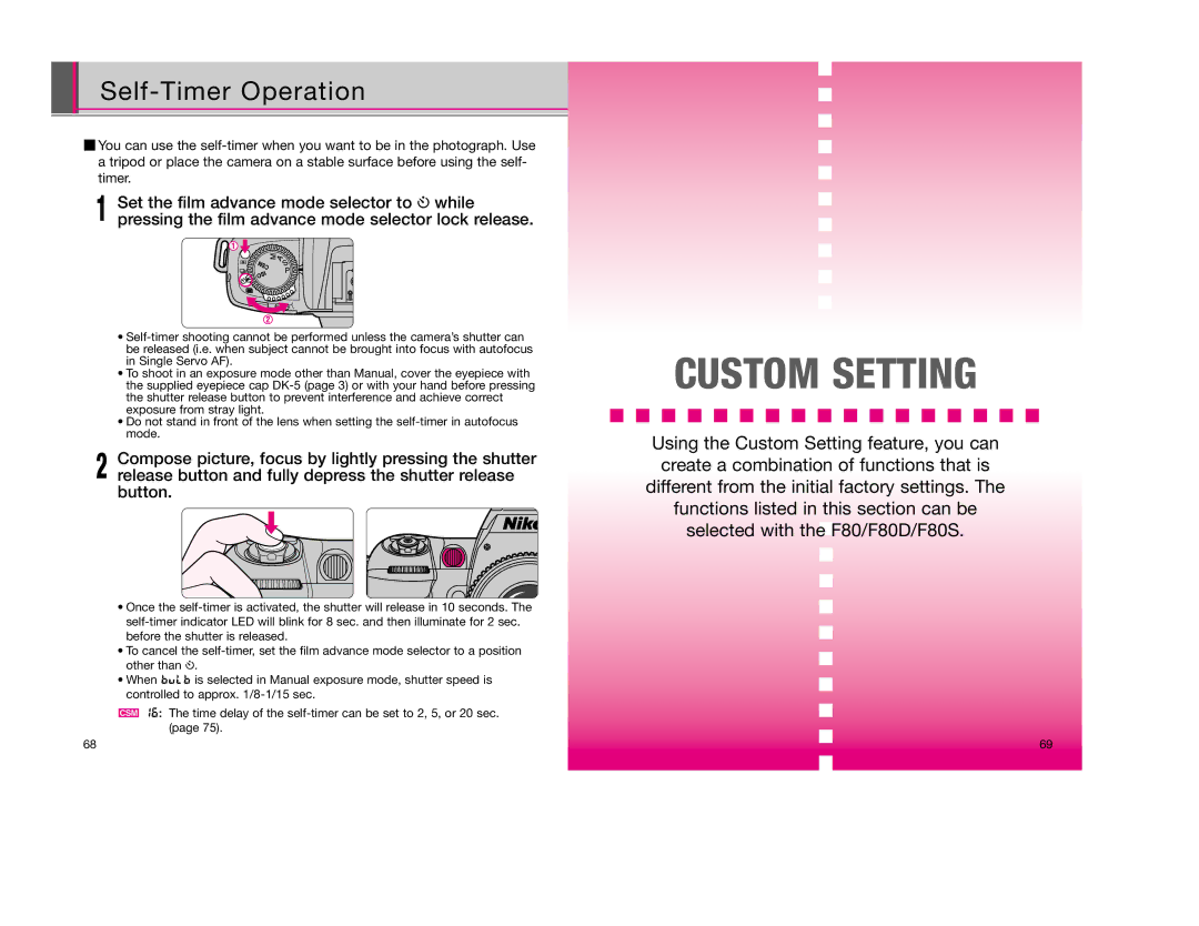 Nikon F80D instruction manual Custom Setting, Self-Timer Operation 