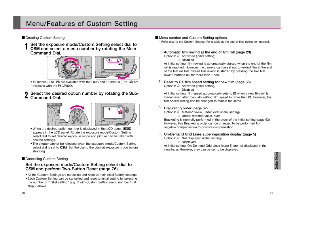 Nikon F80D instruction manual Menu/Features of Custom Setting 