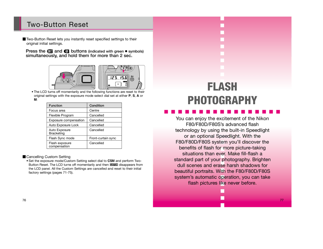 Nikon F80D instruction manual Flash Photography, Two-Button Reset 