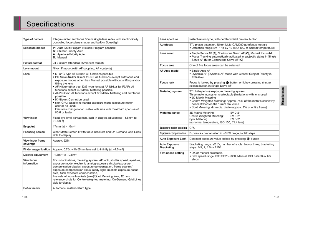 Nikon F80D instruction manual Specifications, Cpu 