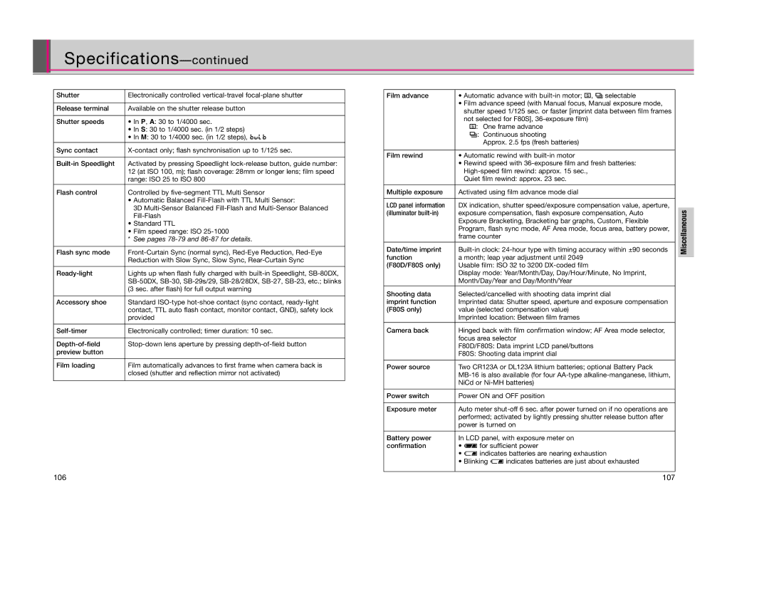 Nikon F80D instruction manual 106 107 