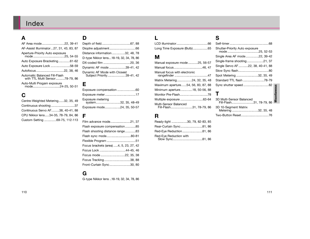 Nikon F80D instruction manual Index 