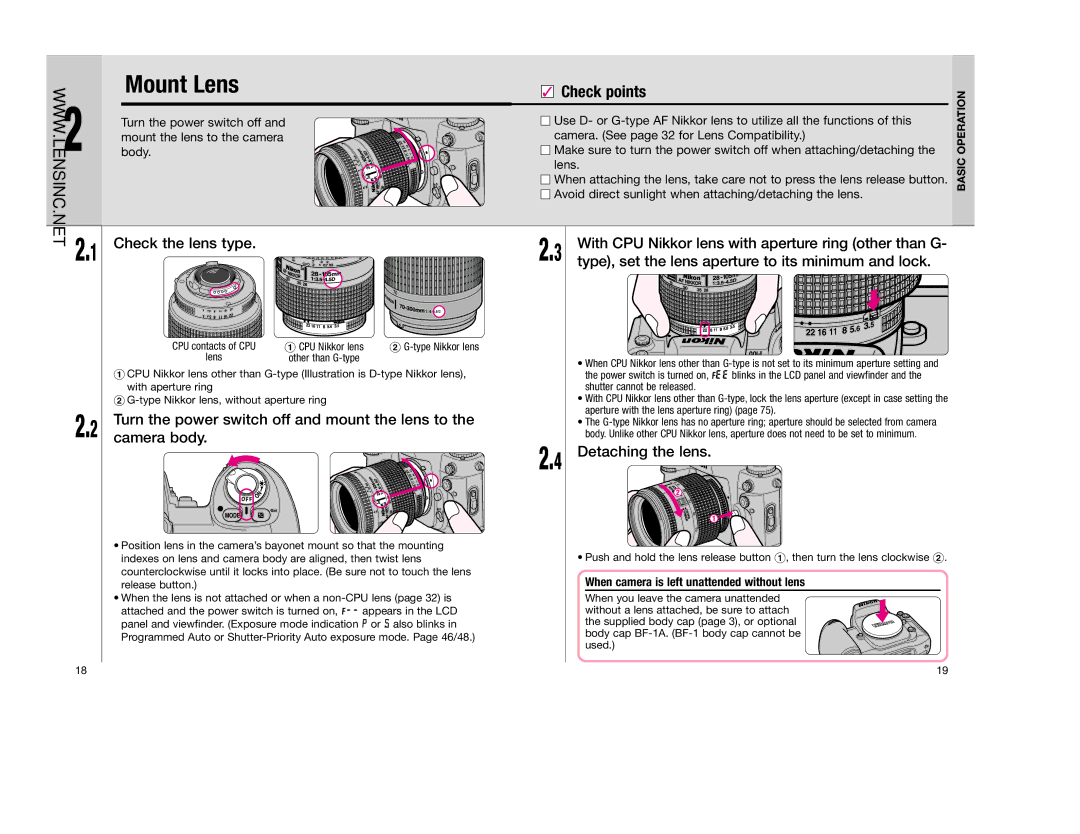 Nikon FAA350NA manual Mount Lens, Check the lens type, When camera is left unattended without lens 