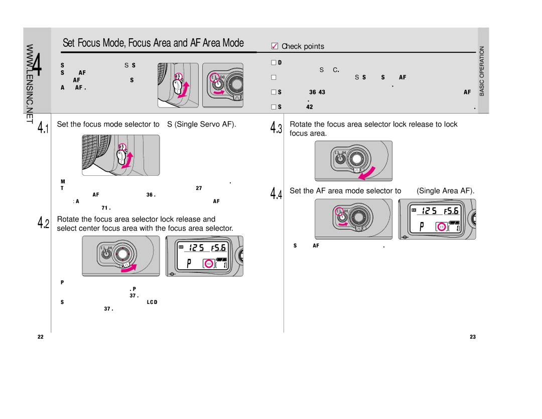 Nikon FAA350NA manual Set the focus mode selector to S Single Servo AF, Rotate the focus area selector lock release 