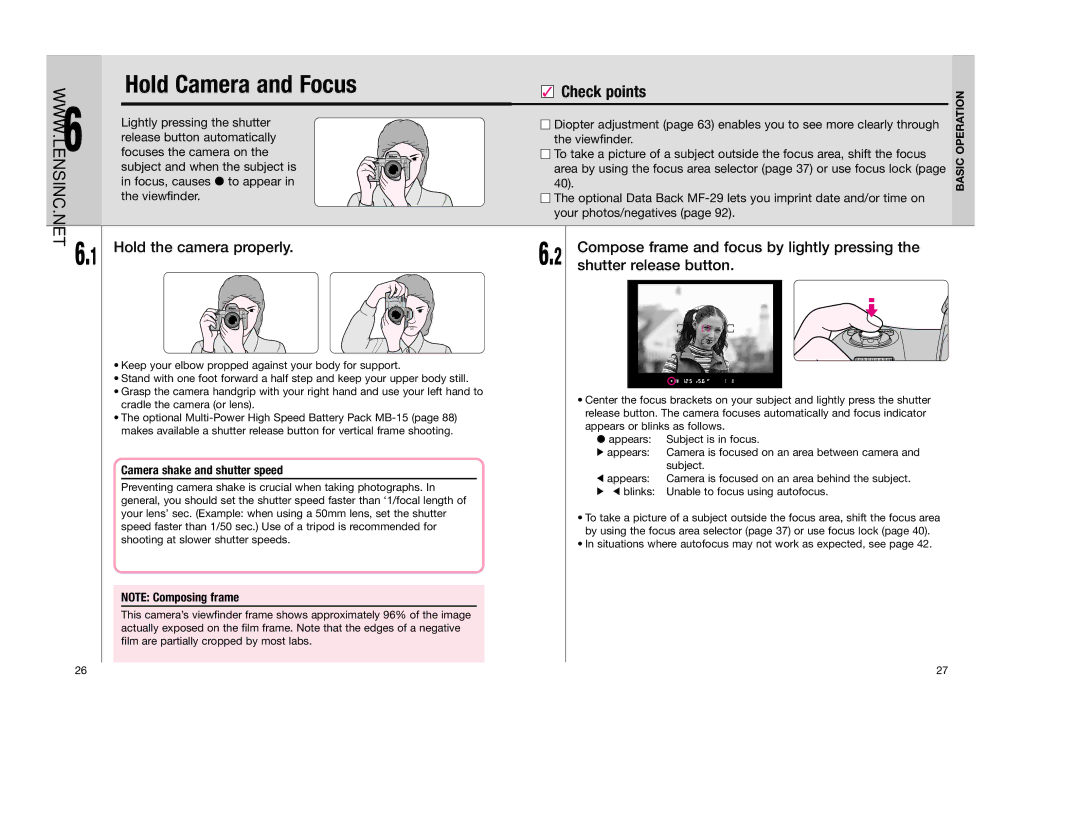 Nikon FAA350NA manual Hold Camera and Focus, Hold the camera properly, Camera shake and shutter speed 