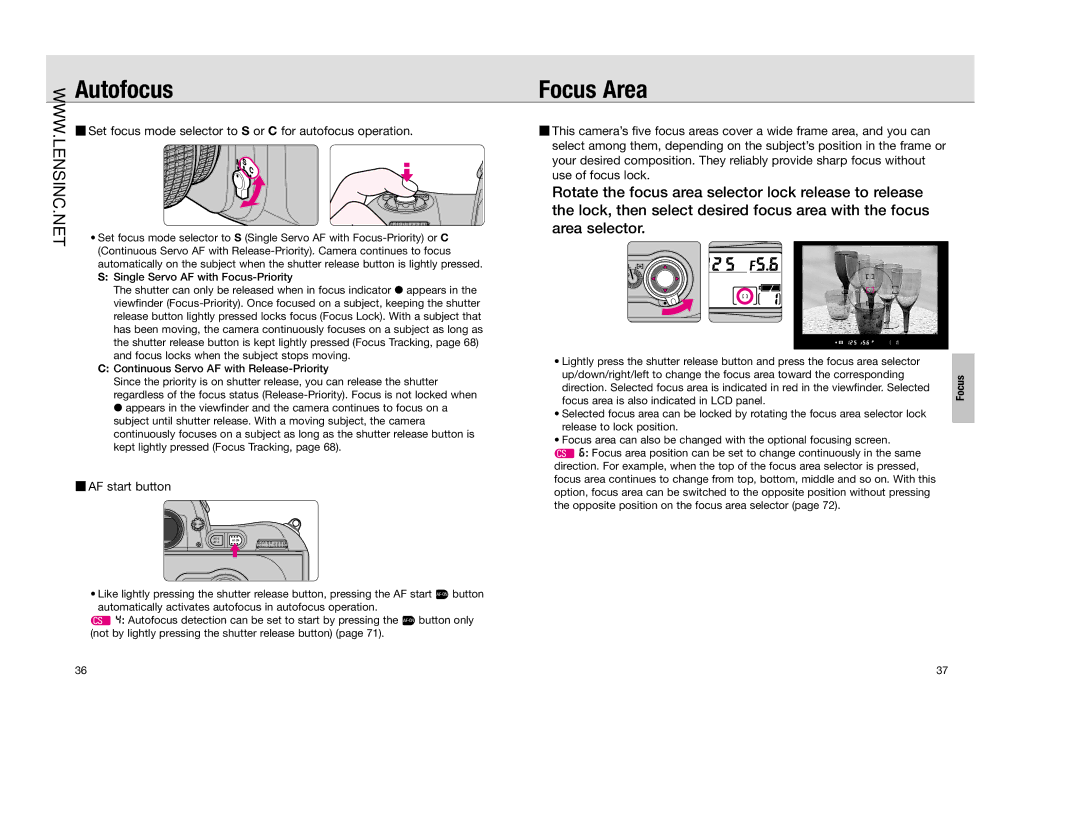 Nikon FAA350NA manual Autofocus, Focus Area, Set focus mode selector to S or C for autofocus operation, AF start button 