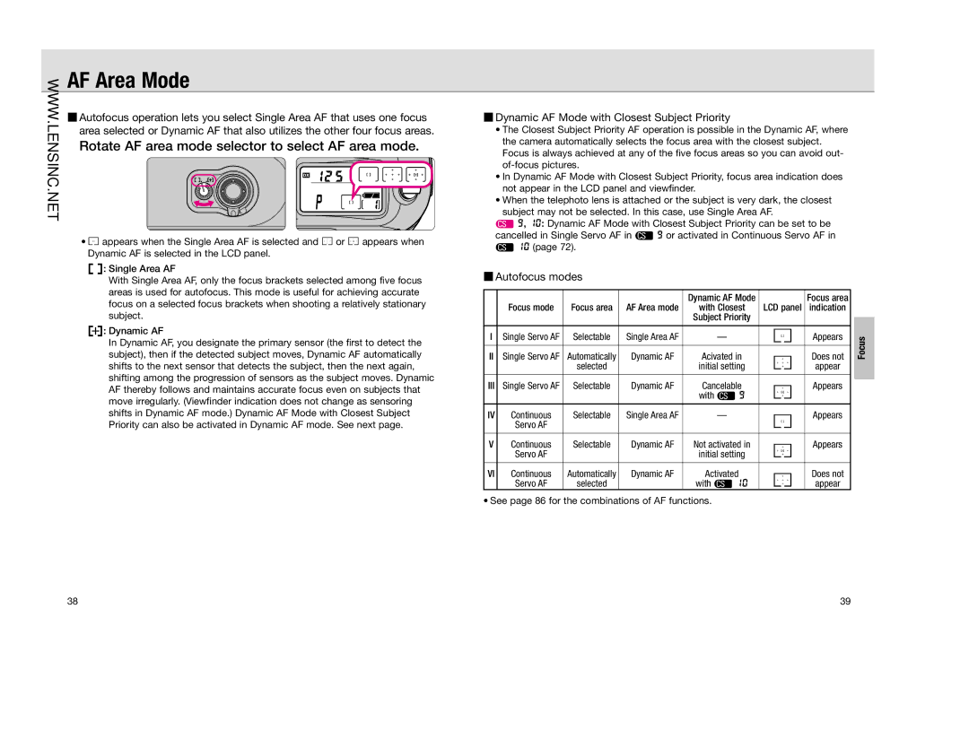 Nikon FAA350NA manual AF Area Mode, Rotate AF area mode selector to select AF area mode, Autofocus modes, Focus 