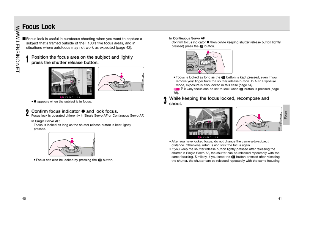 Nikon FAA350NA manual Focus Lock, Press the shutter release button, Position the focus area on the subject and lightly 