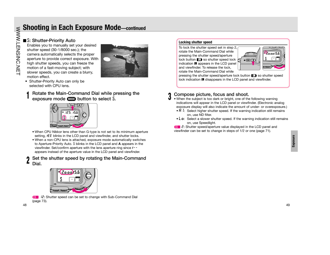 Nikon FAA350NA manual Shooting in Each Exposure Mode, Shutter-Priority Auto, Locking shutter speed 